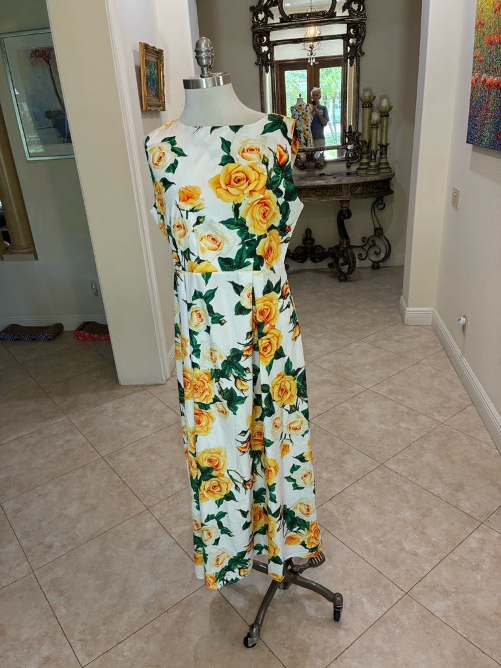 Sleeveless White Maxi Dress with Yellow Rose Print